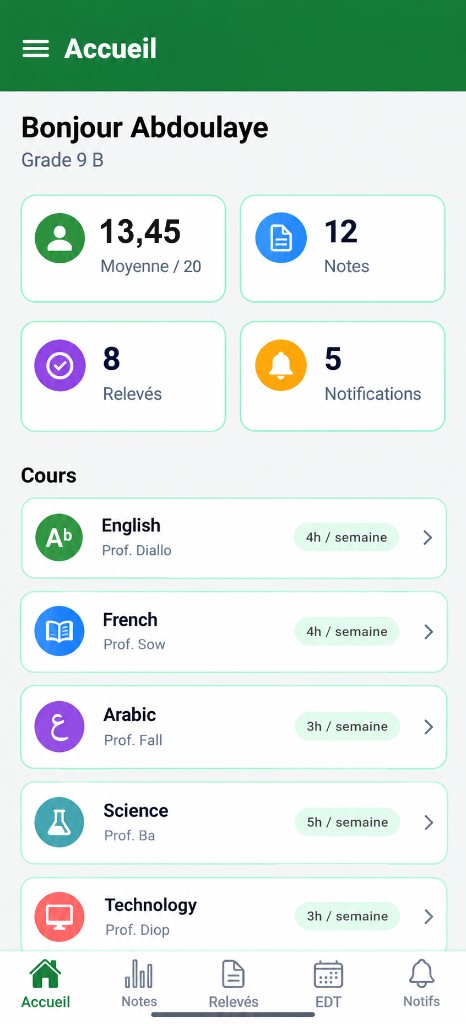 Application mobile scolaire — vue 1